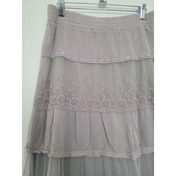 Lapis Tiered Embroidered Lace Trim Maxi Skirt Size S Gray Fairy Grunge Boho - Picture 3 of 8